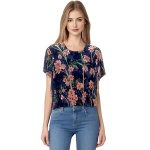Zara Floral Velvet Burnout T-shirt Blouse Size Medium Colourful